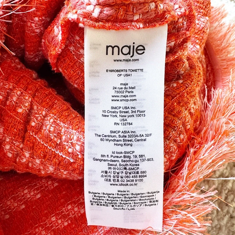 $400 maje tweed fringed striped fitted mini dress orange coral sz xs 34 - Picture 6 of 8